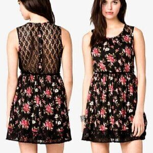 FOREVER 21 Black Red Floral / Sheer Black Lace Back Mini Fit Flare Dress NO BELT